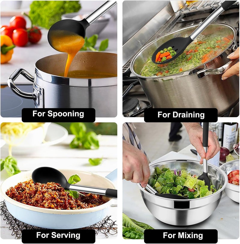 TeamFar Kitchen Utensils, 4 PCS Silicone Cooking Utensils Spatula Spoon Set with Stainless Steel Handle, for Frying Mixing Draining Turning, Healthy & Heat-proof, Non-stick & Dishwasher Safe - Black - Image 4